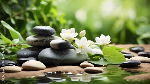 Relaxation, harmony and well-being, body care and massage, spa and wellness concept, and Zen stones and water in a serene green landscape