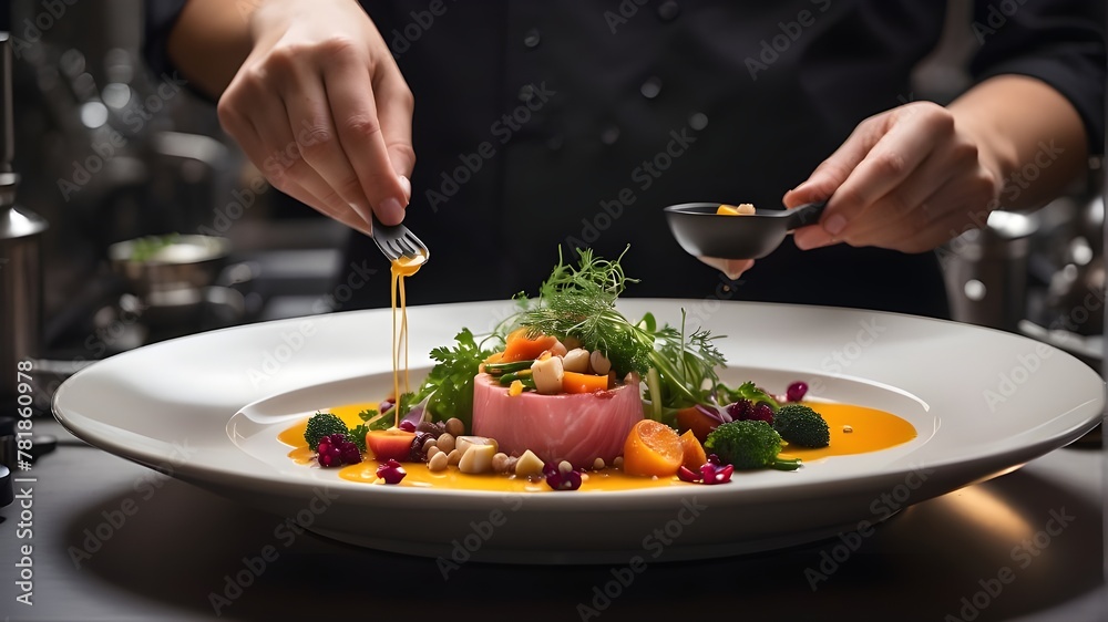 A gourmet dish being made in the kitchen of a fine dining establishment