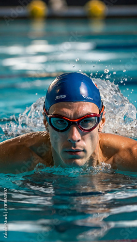 Professional male swimmer in action in the water
