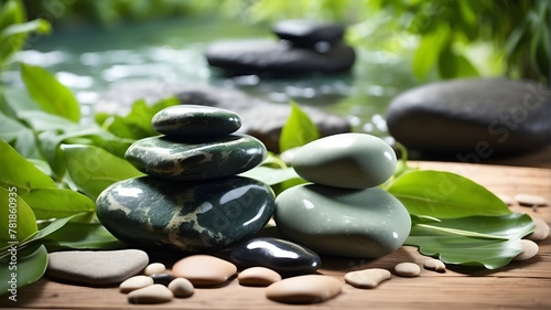 Relaxation  harmony and well-being  body care and massage  spa and wellness concept  and Zen stones and water in a serene green landscape