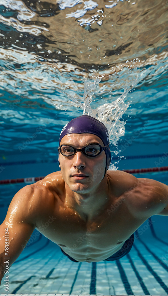 Professional male swimmer in action in the water
