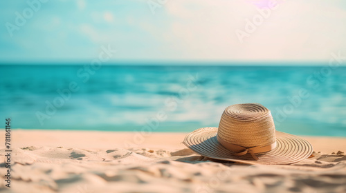 Sandy beach with summer accessories and copy space.