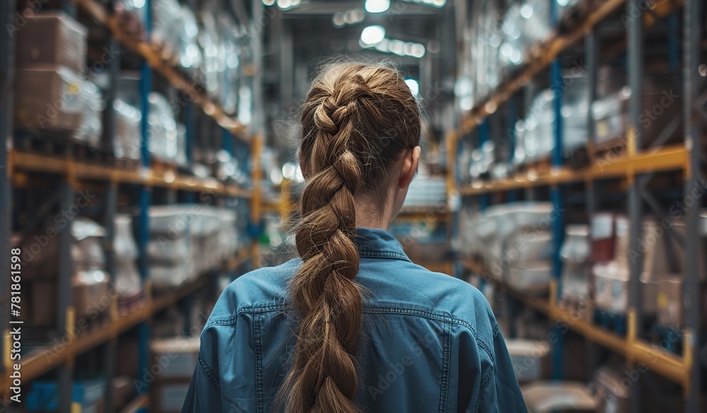 Woman working in a modern warehouse surrounded by shelves