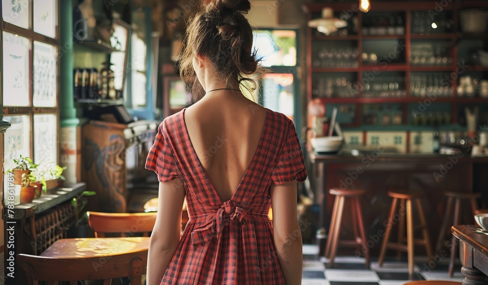Young woman in a red plaid dress contemplating in a cozy cafe Young woman in a red plaid dress contemplating in a cozy cafe