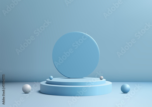 3D light blue podium with a circle backdrop in the middle sits and balls elements on a blue background