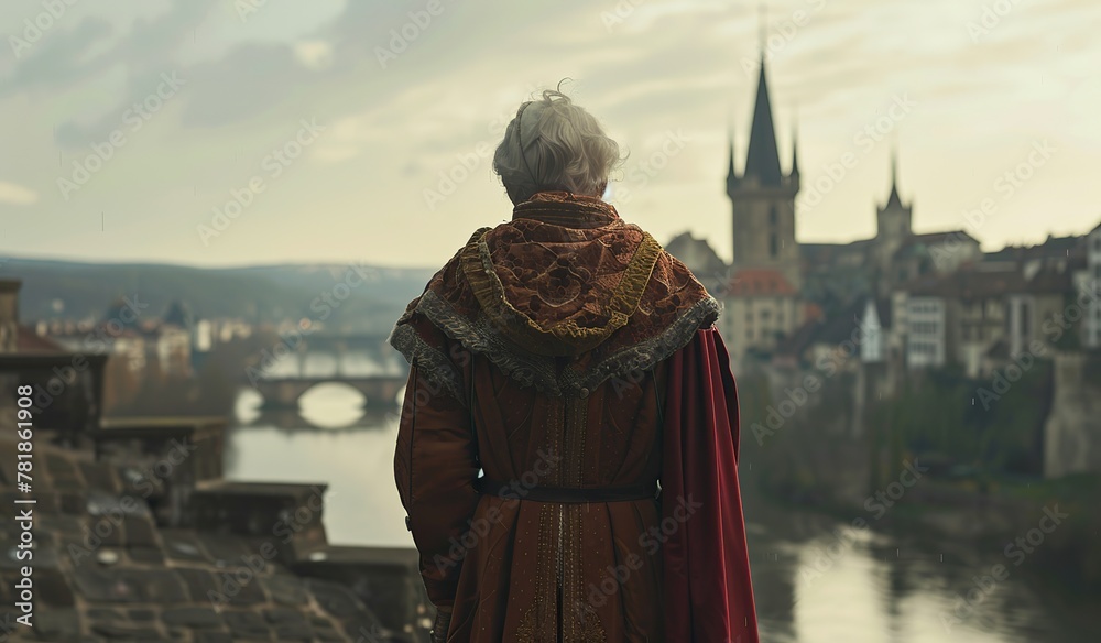 Elderly white woman overlooking a scenic river and historic cityscape