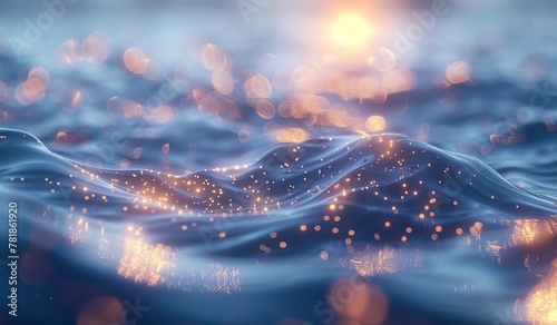 Sparkling ocean waves at sunset with golden bokeh