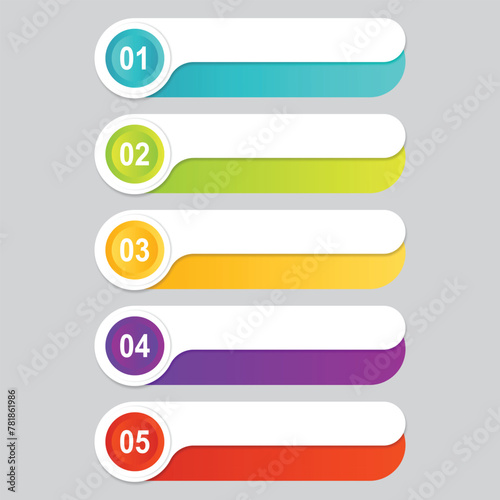 Funnel, ribbon infographic template or element with 5 step, process, option, colorful, circle, button, tag, stair, ladder, rectangular, circular, label for sale slide