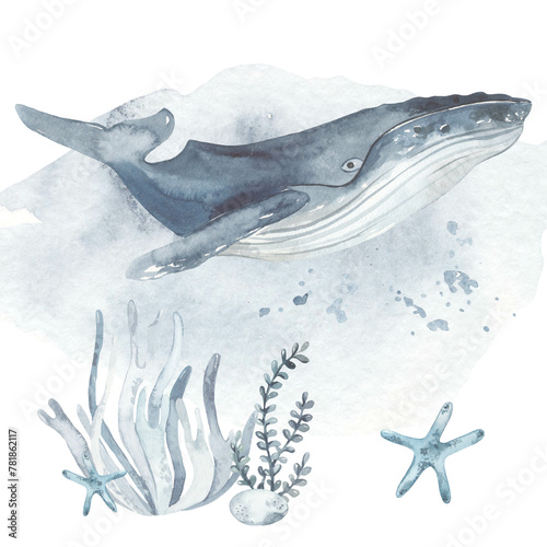 Whale, starfish seaweed for cards and invitation Watercolor composition with underwater creatures