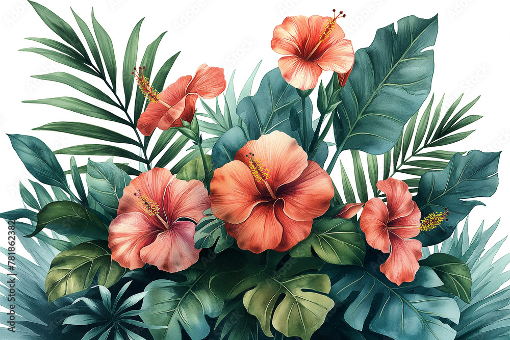 Hibiscus flower with tropical leaves isolated on a transparent background. Watercolor illustration