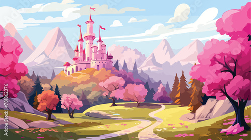 Pink fairy tale castle in mountain valley. Vector c