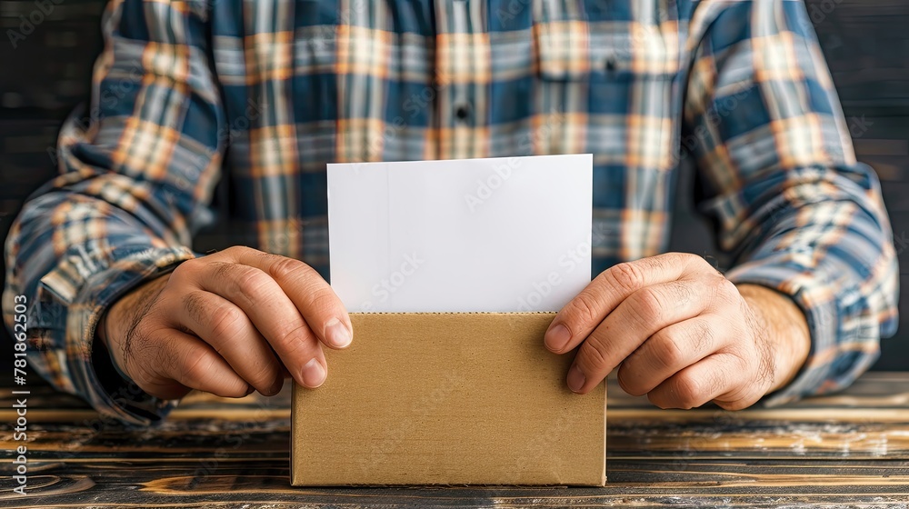 A man is holding a white envelope with a blue plaid shirt A man is holding a white envelope with a blue plaid shirt