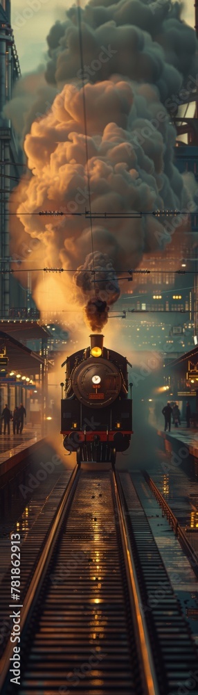 Steam Engine, iron horse, transformed transportation, placed in a busy train station with billowing steam, evening sky, 3D render, golden hour lighting, chromatic aberration