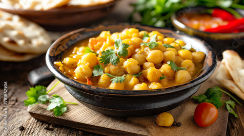Chana Masala, a flavorful North Indian dish made from chickpeas (chana) cooked in a spicy and tangy tomato-based gravy with aromatic spices