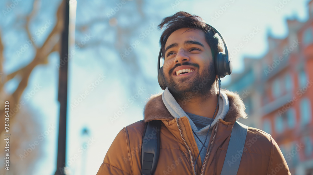 Fototapeta premium Happy Young Indian Man Enjoying Music with Headphones Outdoors