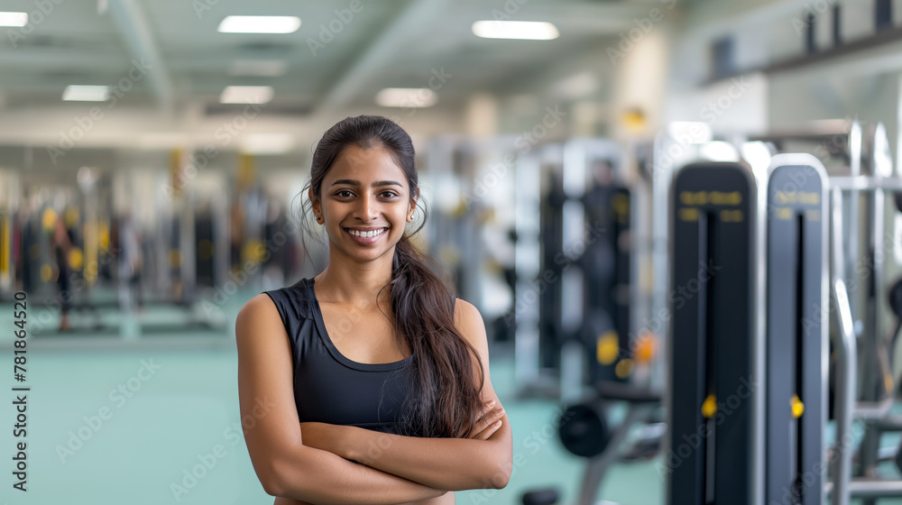 An active young female Indian fitness instructor, confidently posing with crossed arms, smiling at the camera in a gym setting, wearing gym wear An active young female Indian fitness instructor, confidently posing with crossed arms, smiling at the camera in a gym setting, wearing gym wear