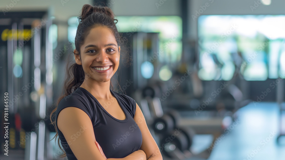 An active young female Indian fitness instructor, confidently posing with crossed arms, smiling at the camera in a gym setting, wearing gym wear An active young female Indian fitness instructor, confidently posing with crossed arms, smiling at the camera in a gym setting, wearing gym wear