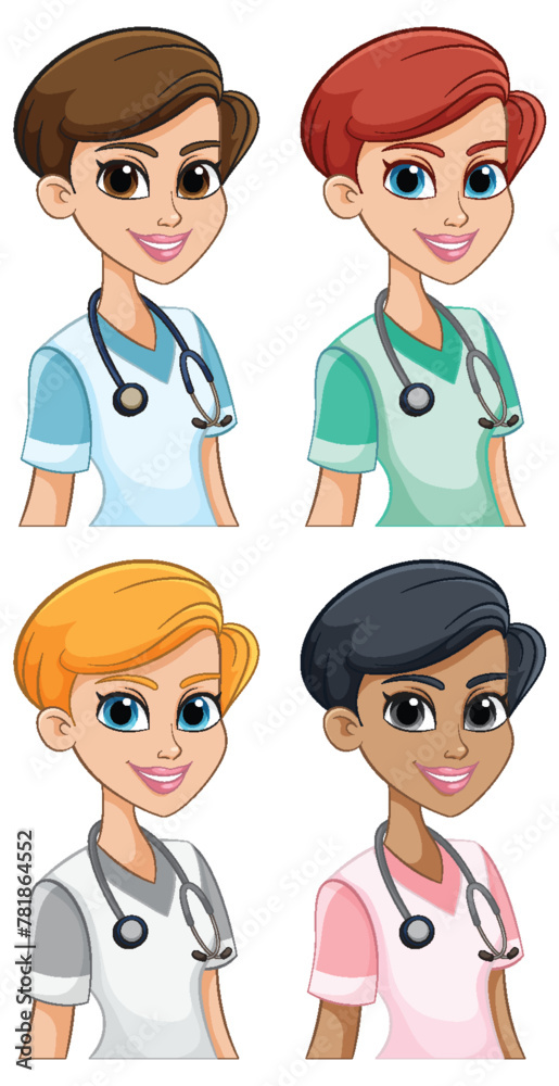 Four animated medical professionals smiling confidently. Four animated medical professionals smiling confidently.