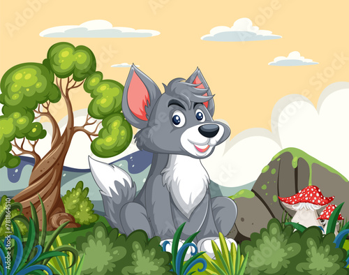 A happy cartoon dog sitting among forest elements.