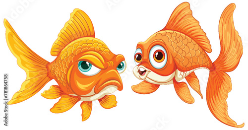 Two cartoon goldfish facing each other, vibrant colors.