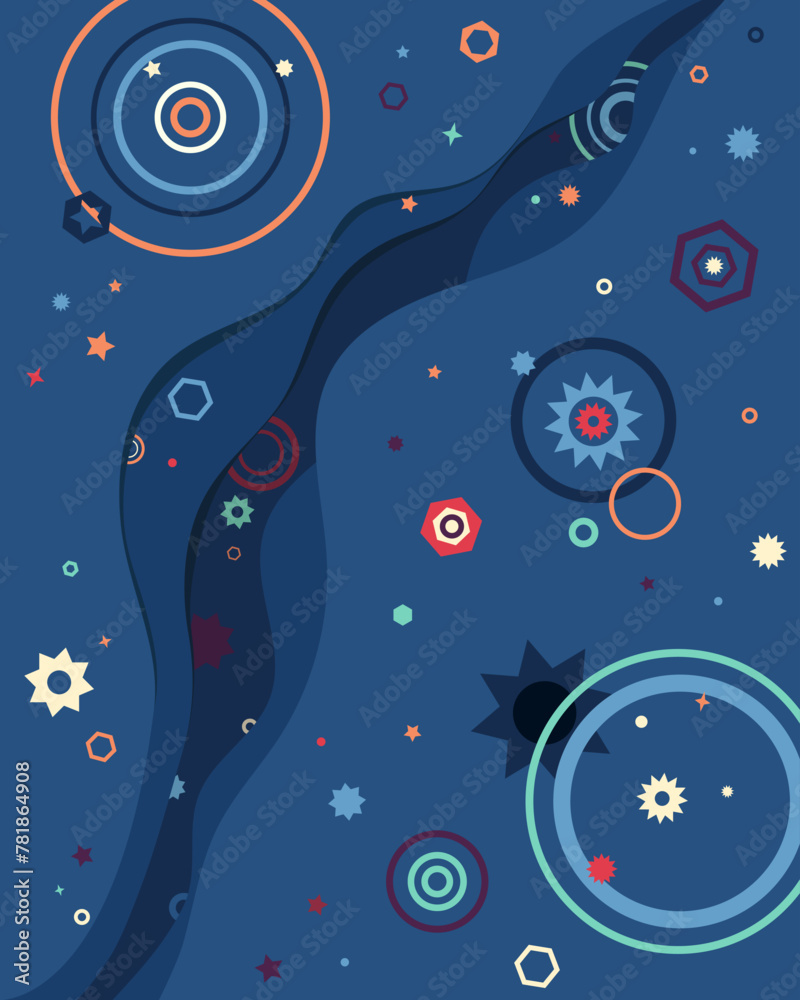 Dark blue background with geometric azure red and orange figures of stars sircles and polygons