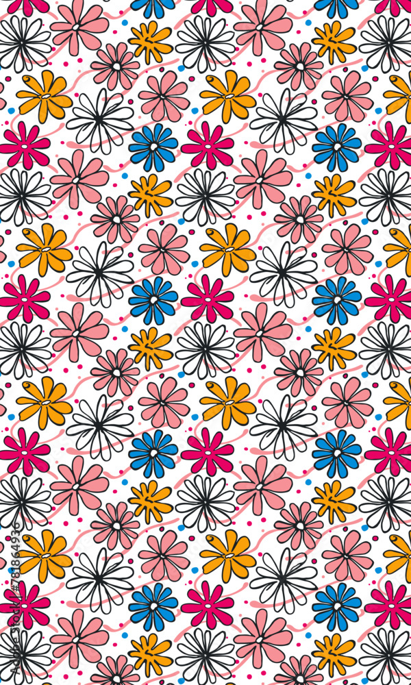hand drawn vector floral pattern in bright colors of yellow blue pink and magenta