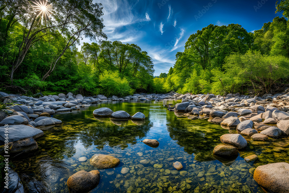 Beautiful sun ray above forest river Beautiful sun ray above forest river