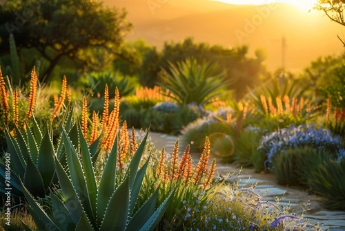 A tranquil aloe vera garden bathed in the warm light of the rising sun.