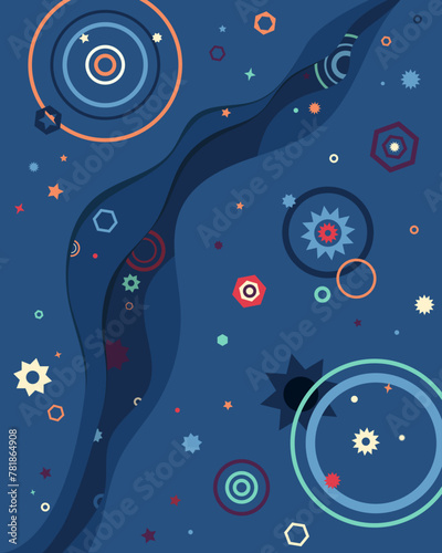 Dark blue background with geometric azure red and orange figures of stars sircles and polygons