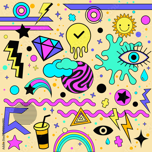 Psychedelic background with geometric shapes surreal elements abstract symbols and signs