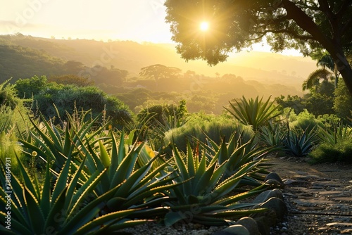 A tranquil aloe vera garden bathed in the warm light of the rising sun.