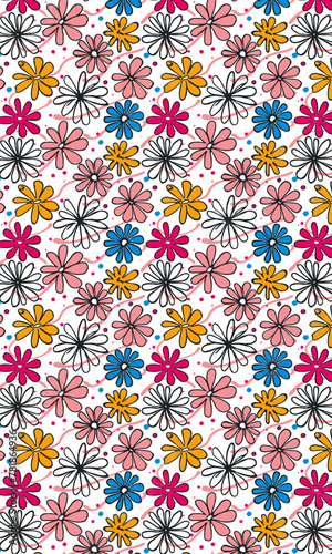 hand drawn vector floral pattern in bright colors of yellow blue pink and magenta