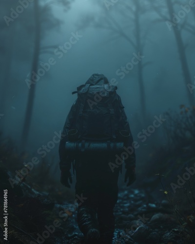 Survior, Backpack, Lost Hiker, Finding a Way Out, Foggy, 3D Render, Silhouette Lighting, Motion Blur photo