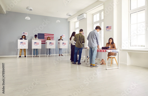 Group of diverse smiling american citizens people registering at polling station on election day and booth putting their ballots in bin in voting booth. Voters standing in queue at vote center.
