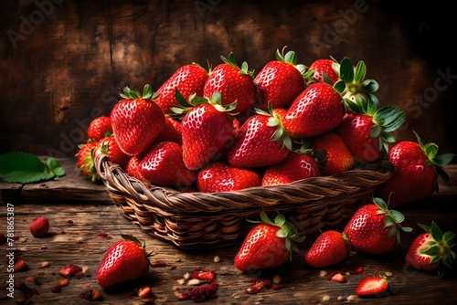 An artistic composition capturing a basket filled with plump strawberries against a rustic backdrop, the
