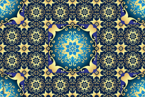 Vector hand drawn seamless geometric pattern with golden gradient floral mandalas on dark blue