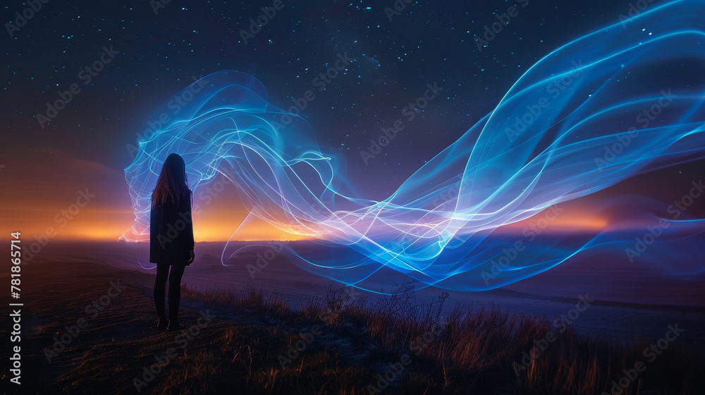 Woman stands light explosion on a hill overlooking a vast ocean