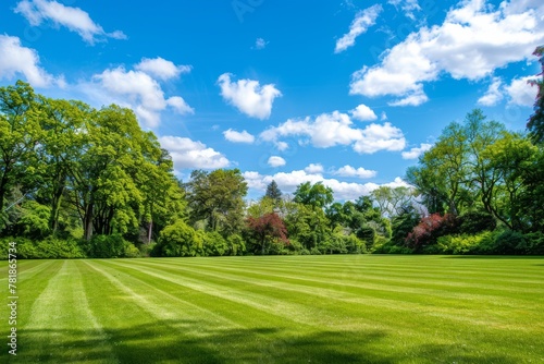 Vibrant green park with neatly trimmed lawn on a sunny day with a clear blue sky