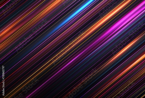 Abstract vibrant background of diagonal neon light streaks in a rainbow spectrum, symbolizing energy and movement.