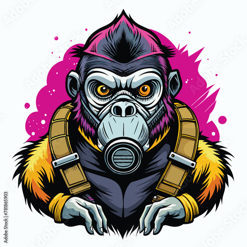 gorilla  Zombie wearing gas mask hand drawn logo design illustration