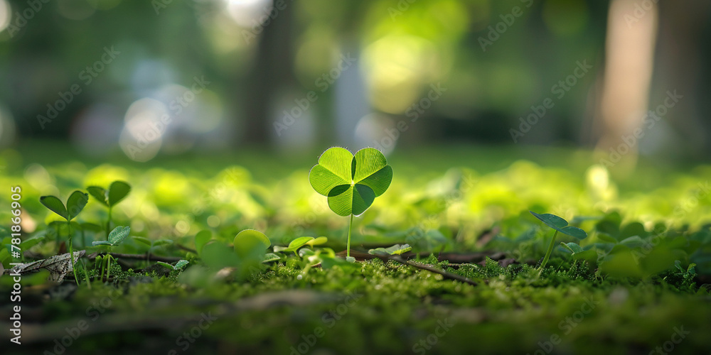 Shamrock four leaf clover background banner with copy space in nature park in summer day. Happy St. Patrick's Day. Finding luck concept Shamrock four leaf clover background banner with copy space in nature park in summer day. Happy St. Patrick's Day. Finding luck concept