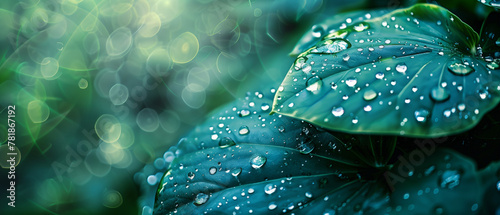 Banner with fresh green leaves with sparkling dewdrops and bokeh light effect. Generative AI