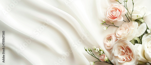 Elegant blush pink and white roses on a delicate silk fabric background. Wedding postcard with copy space. Banner.  Generative AI