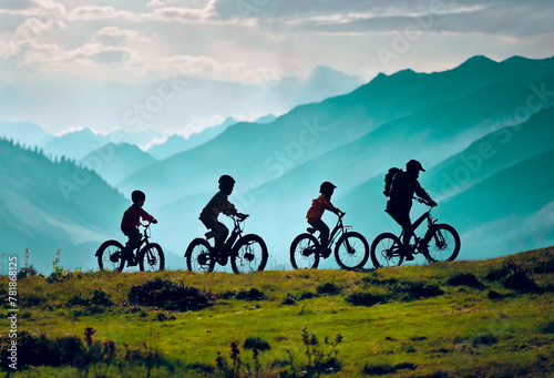 group of children - boys and girls. friends of black silhouette in sunrise on yellow evening sky, mountain background. grass. father, team of kids ride on bicycles. summertime season. summer nature.