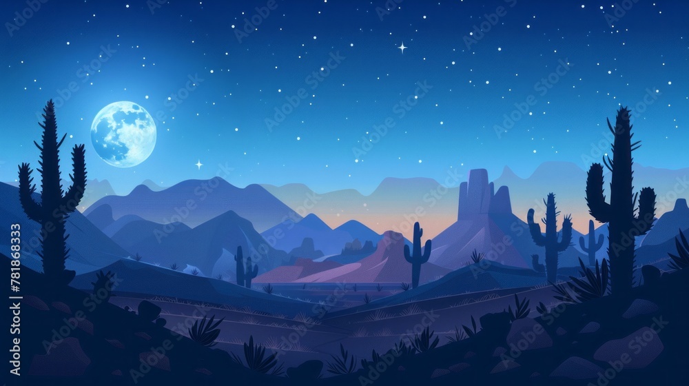 Moonlit desert with cacti silhouettes simple isolated illustration