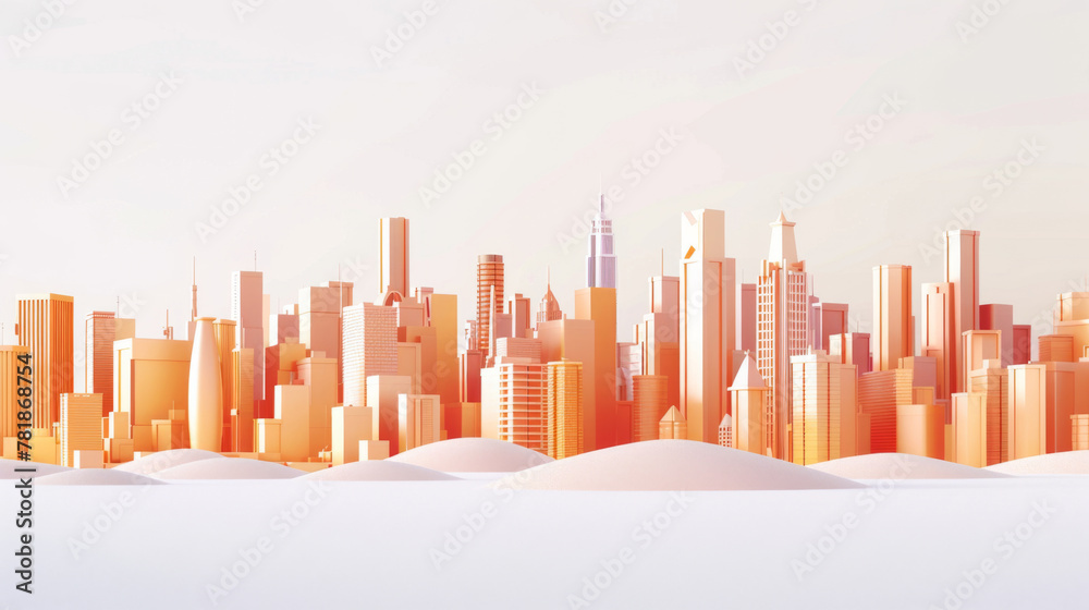 City skyline, light orange frosted glass texture with cute cartoon buildings in minimalist style