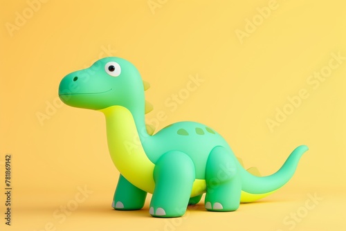  Playful 3D rendering of a colorful cartoon dinosaur in pastel green tones  set against a soothing solid pastel yellow background  suitable for children s educational materials