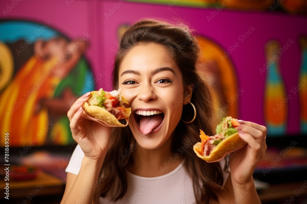 The woman balancing a Poke Taco on their nose, showcasing their lighthearted approach to enjoying food, against a colorful and whimsical background The woman balancing a Poke Taco on their nose, showcasing their lighthearted approach to enjoying food, against a colorful and whimsical background