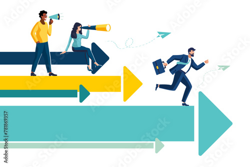 teamwork vision path goal success. study horizons company work finding ways develop. people stand profit, growth arrows look binoculars, big telescope spyglass in search new ideas vector illustration