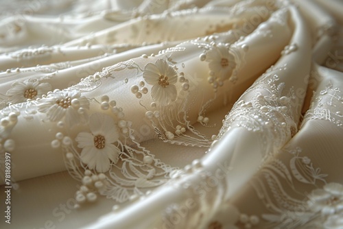 A piece of white lace with delicate flowers and pearls sewn onto it. The lace has a scalloped edge and appears draped over a dark surface.